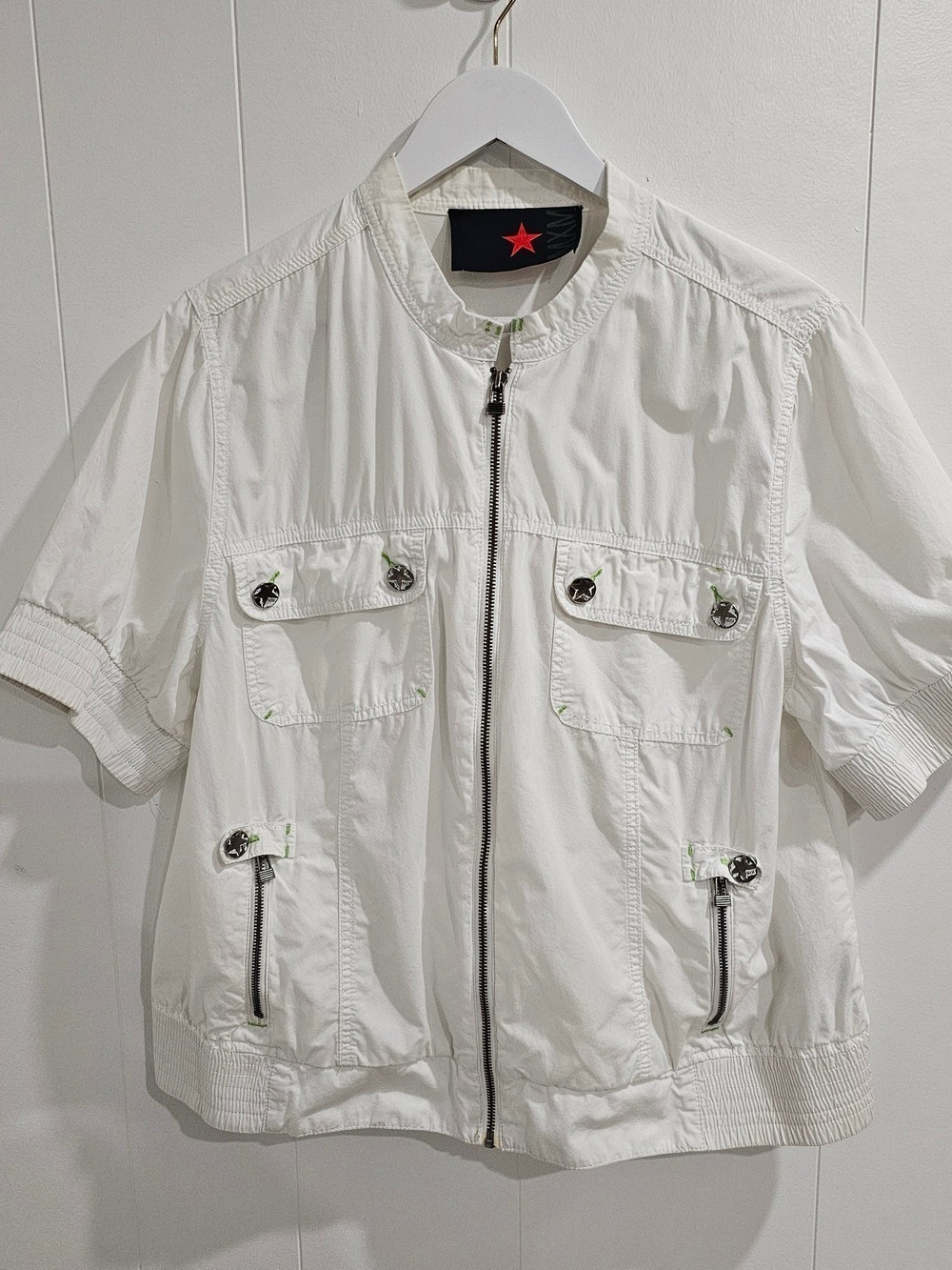 MXM White Utility Jacket Size 16 Short Sleeve Zip Front Cargo Minimalist Y2K - Picture 2 of 12